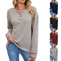 Women's Solid-Color Crew-Neck Button Long-Sleeve T-Shirt Top