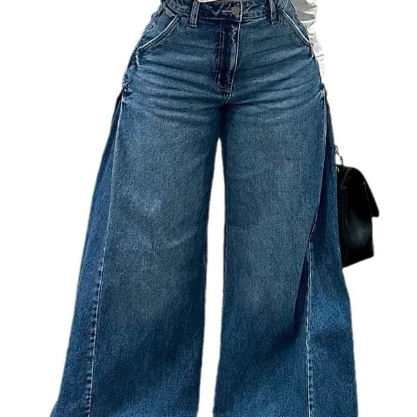 Jeans de pierna ancha sueltos con costuras, pantalones acampanados y flecos