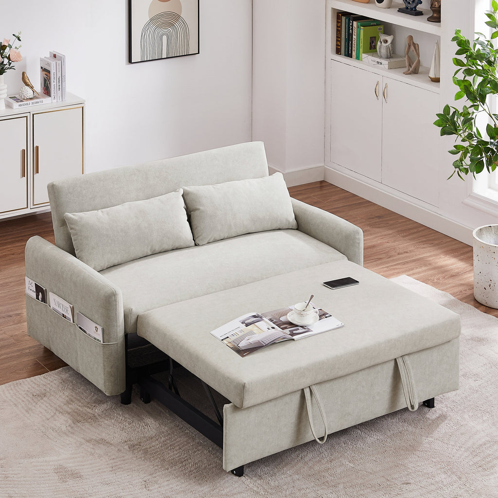 55.1" Pull Out Sleep Sofa Bed Loveseats Sofa Couch With Adjsutable Backrest, Storage Pockets, 2 Soft Pillows, USB Ports