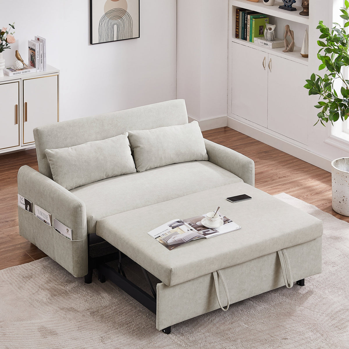 55.1" Pull Out Sleep Sofa Bed Loveseats Sofa Couch With Adjsutable Backrest, Storage Pockets, 2 Soft Pillows, USB Ports