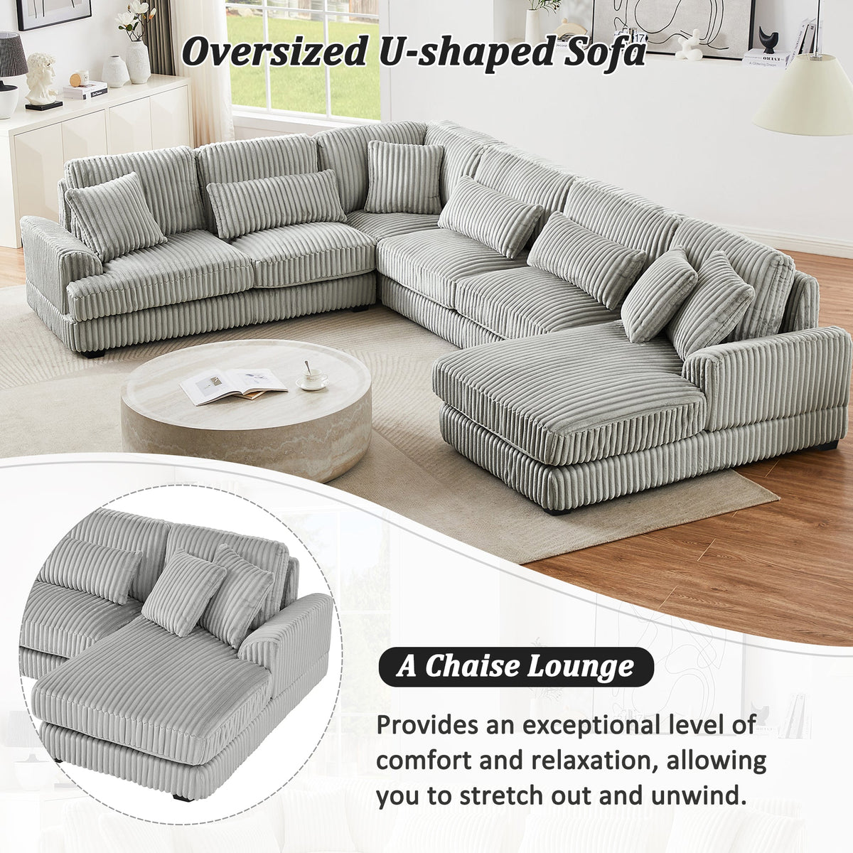 129" Oversized Sectional Sofa U-Shaped Sofa Couch Modern Sofa Upholstered in Soft Corduroy With a Chaise Lounge for Livi
