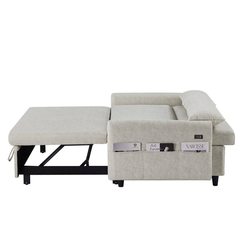 55.1" Pull Out Sleep Sofa Bed Loveseats Sofa Couch With Adjsutable Backrest, Storage Pockets, 2 Soft Pillows, USB Ports