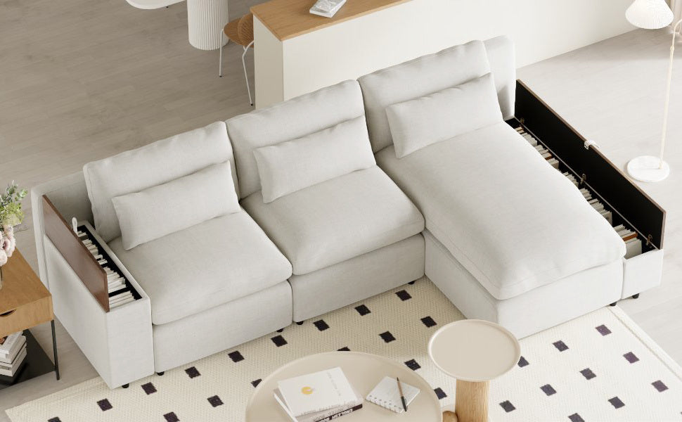 Sofá modular en forma de L con cojines de respaldo extraíbles, 3 almohadas y 2 espacios de almacenamiento, adecuado para salas de estar, ofi