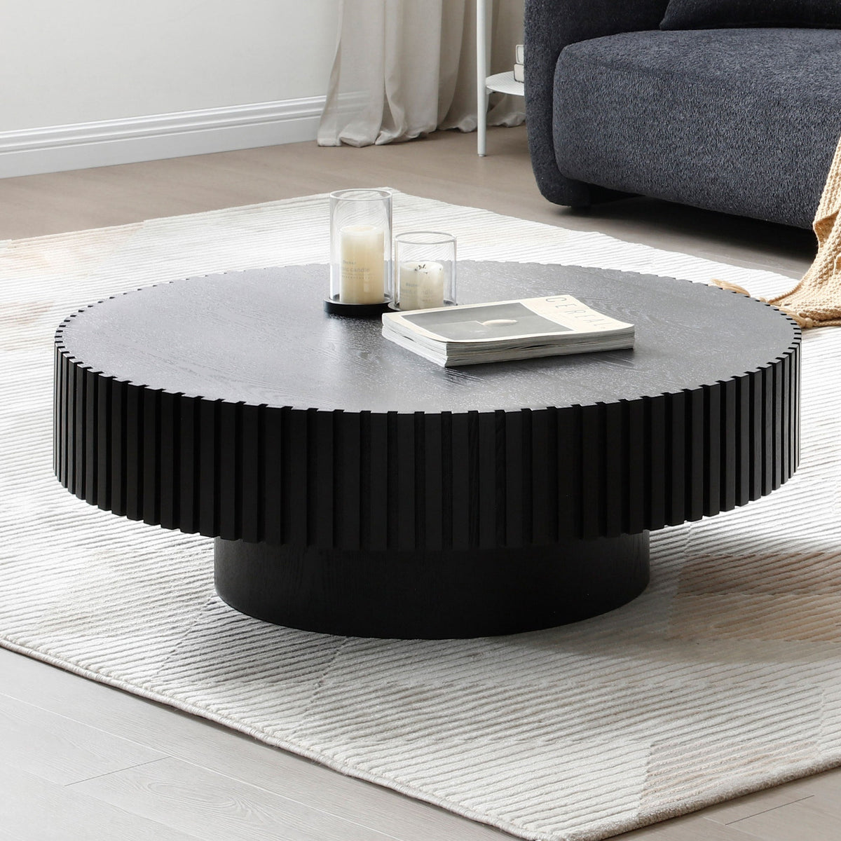 BLACK MDF Coffee Table 39.37inch Modern Handcraft Drum Coffee Table Round Wood Coffee Table for Living Room, Apartment