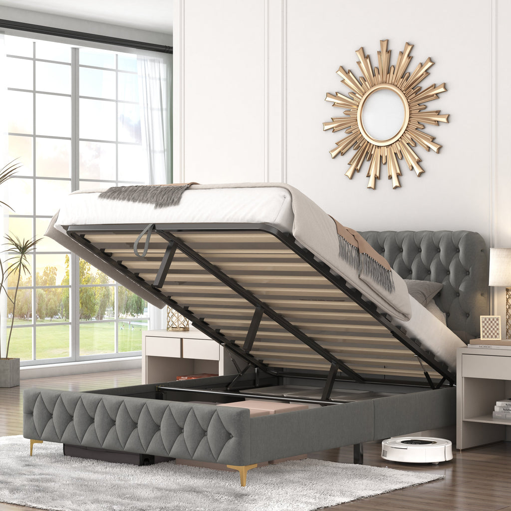 Queen Platform Bed Frame With Pneumatic Hydraulic Function, Velvet Upholstered Bed With Deep Tufted Buttons, Lift Up Sto