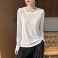 Womens Round-neck Slightly Sheer Long-sleeved Elegant Versatile Lightweight Base Shirt