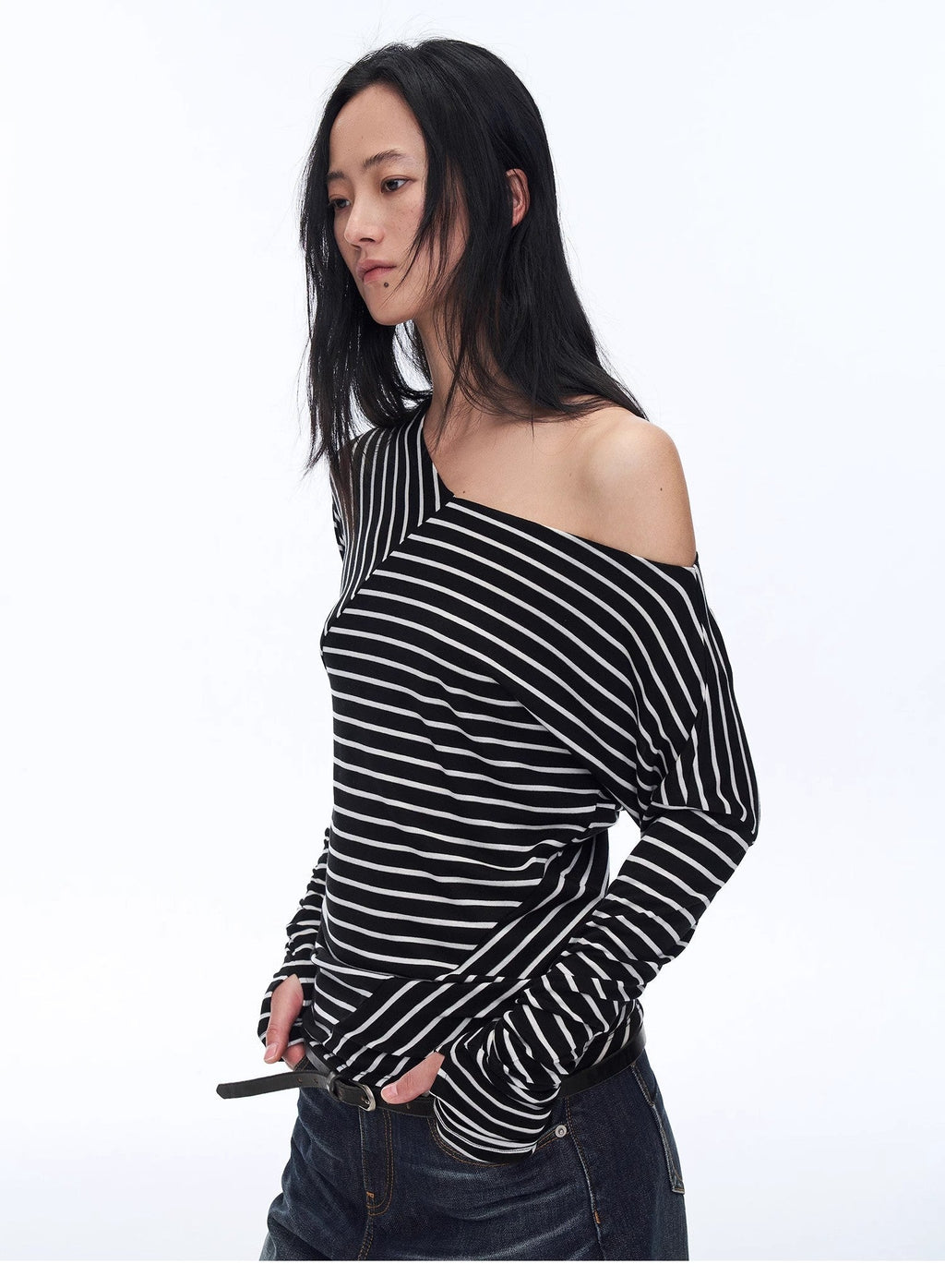 Fashionable Off-Shoulder Lyocell Tencel Wool Blended Draped Patchwork Striped T-Shirt"Picasso Lines"