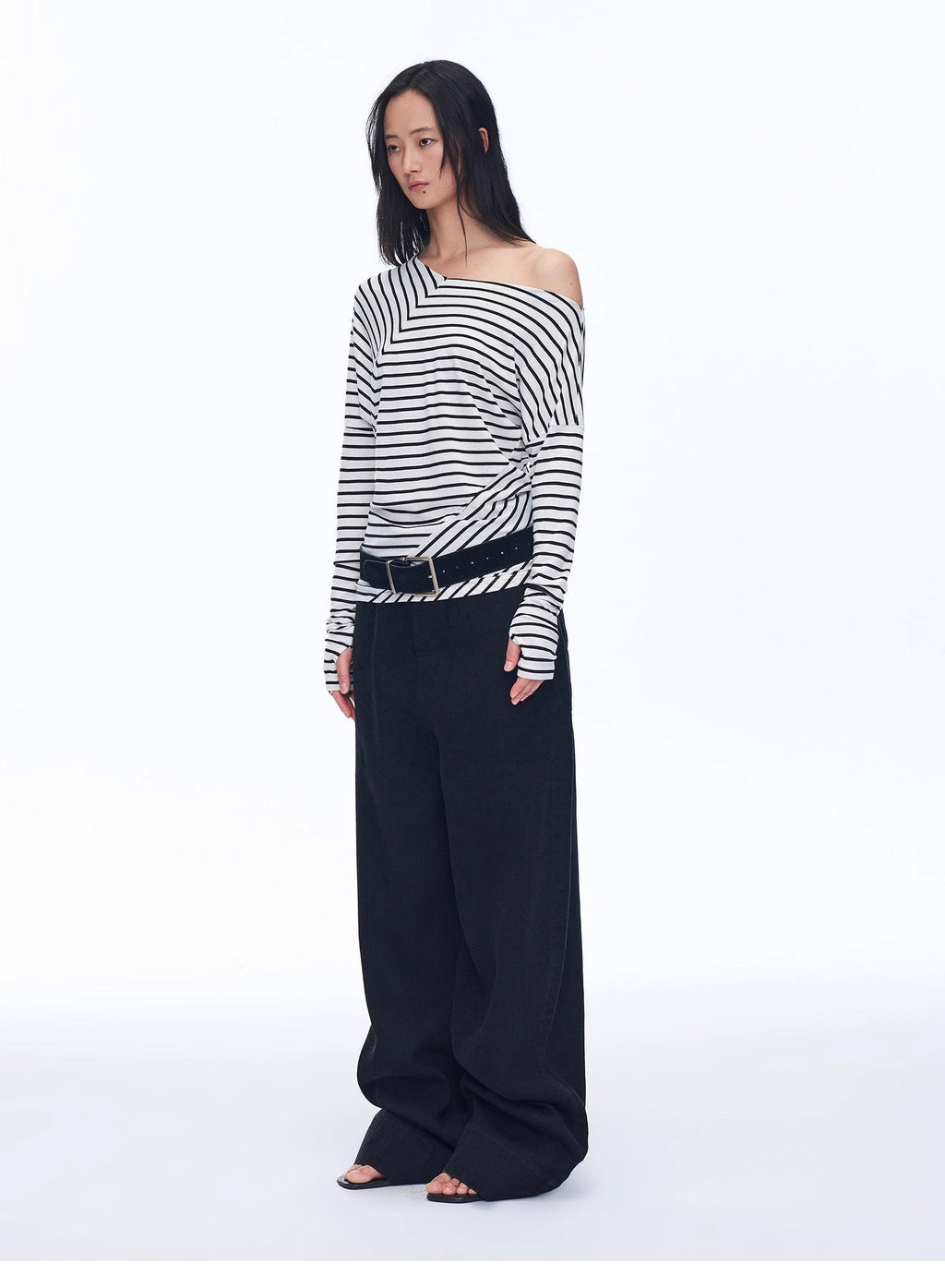 Fashionable Off-Shoulder Lyocell Tencel Wool Blended Draped Patchwork Striped T-Shirt"Picasso Lines"