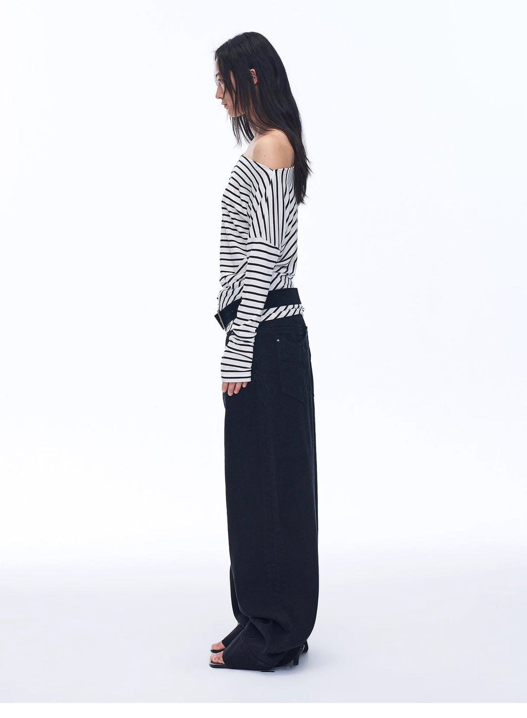 Fashionable Off-Shoulder Lyocell Tencel Wool Blended Draped Patchwork Striped T-Shirt"Picasso Lines"