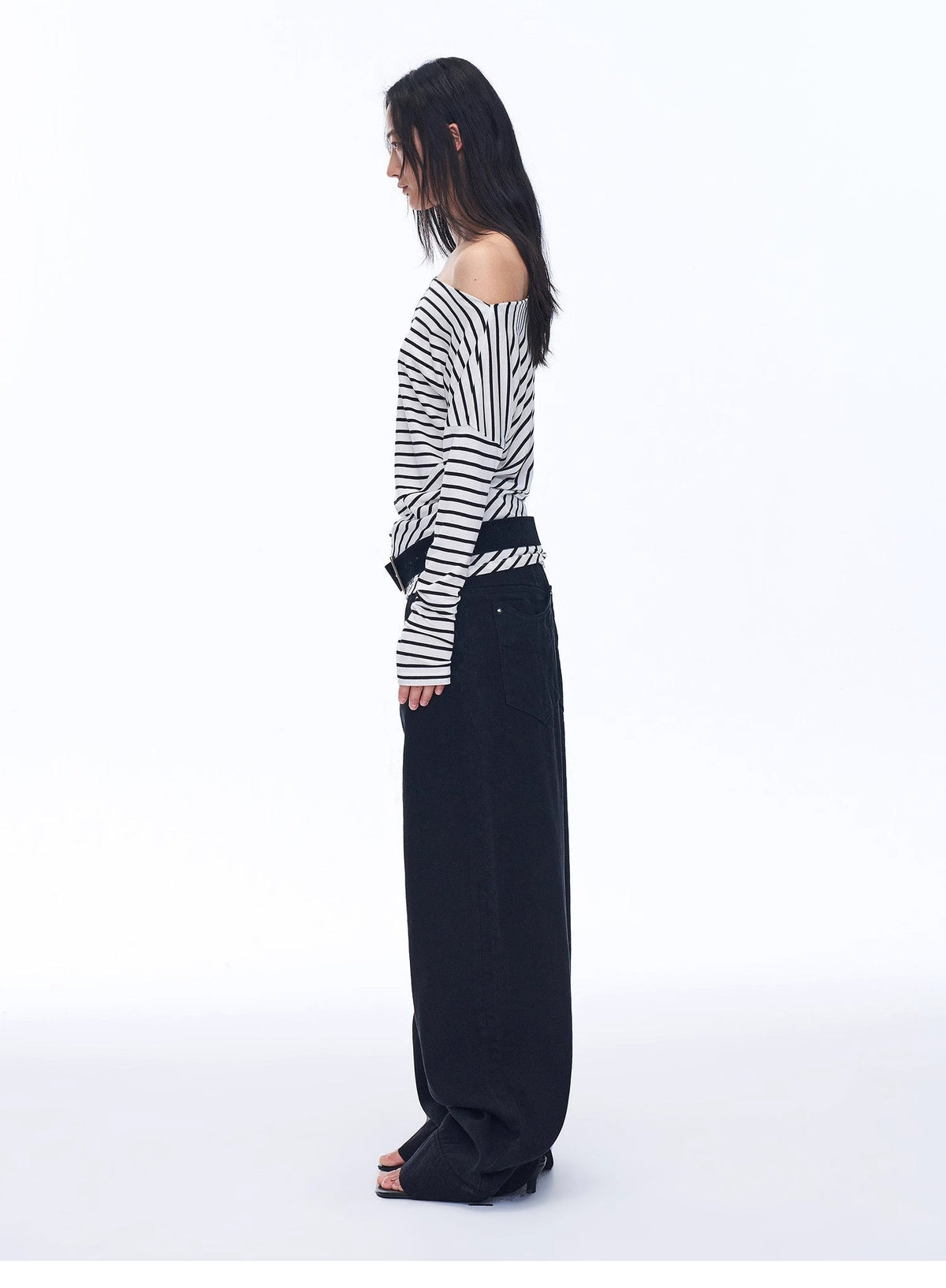 Fashionable Off-Shoulder Lyocell Tencel Wool Blended Draped Patchwork Striped T-Shirt"Picasso Lines"