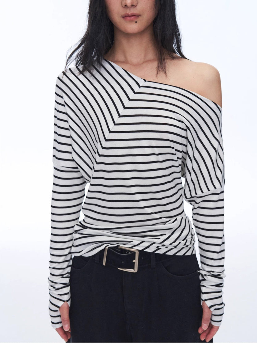 Modny T-shirt z odkrytymi ramionami, z mieszanki lyocellu, Tencelu i wełny, drapowany, w pasy, typu patchwork "Picasso Lines"