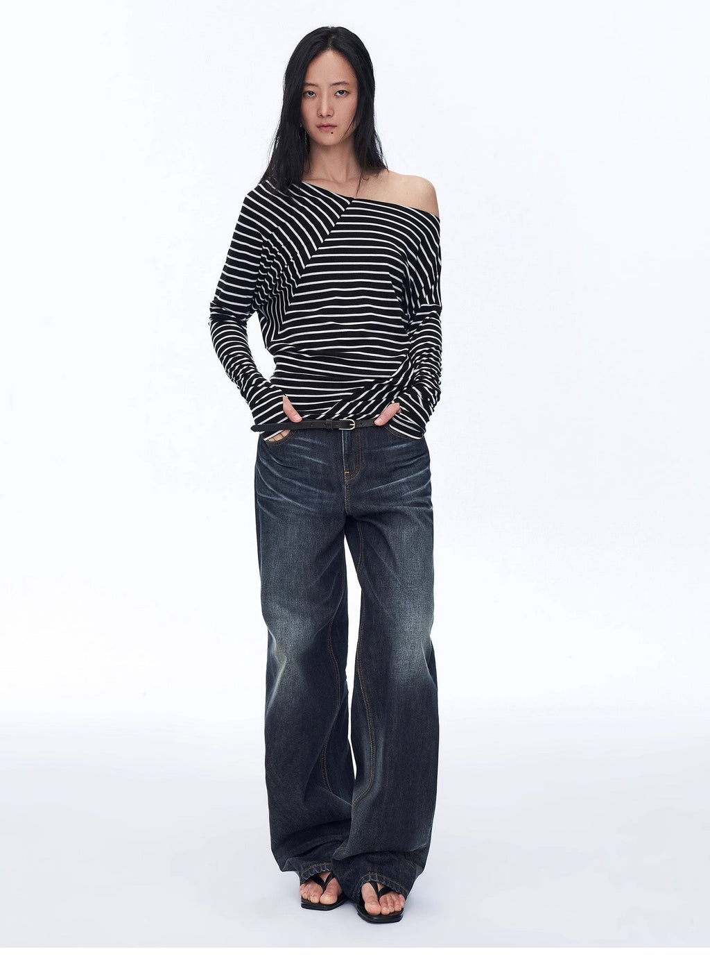 Fashionable Off-Shoulder Lyocell Tencel Wool Blended Draped Patchwork Striped T-Shirt"Picasso Lines"