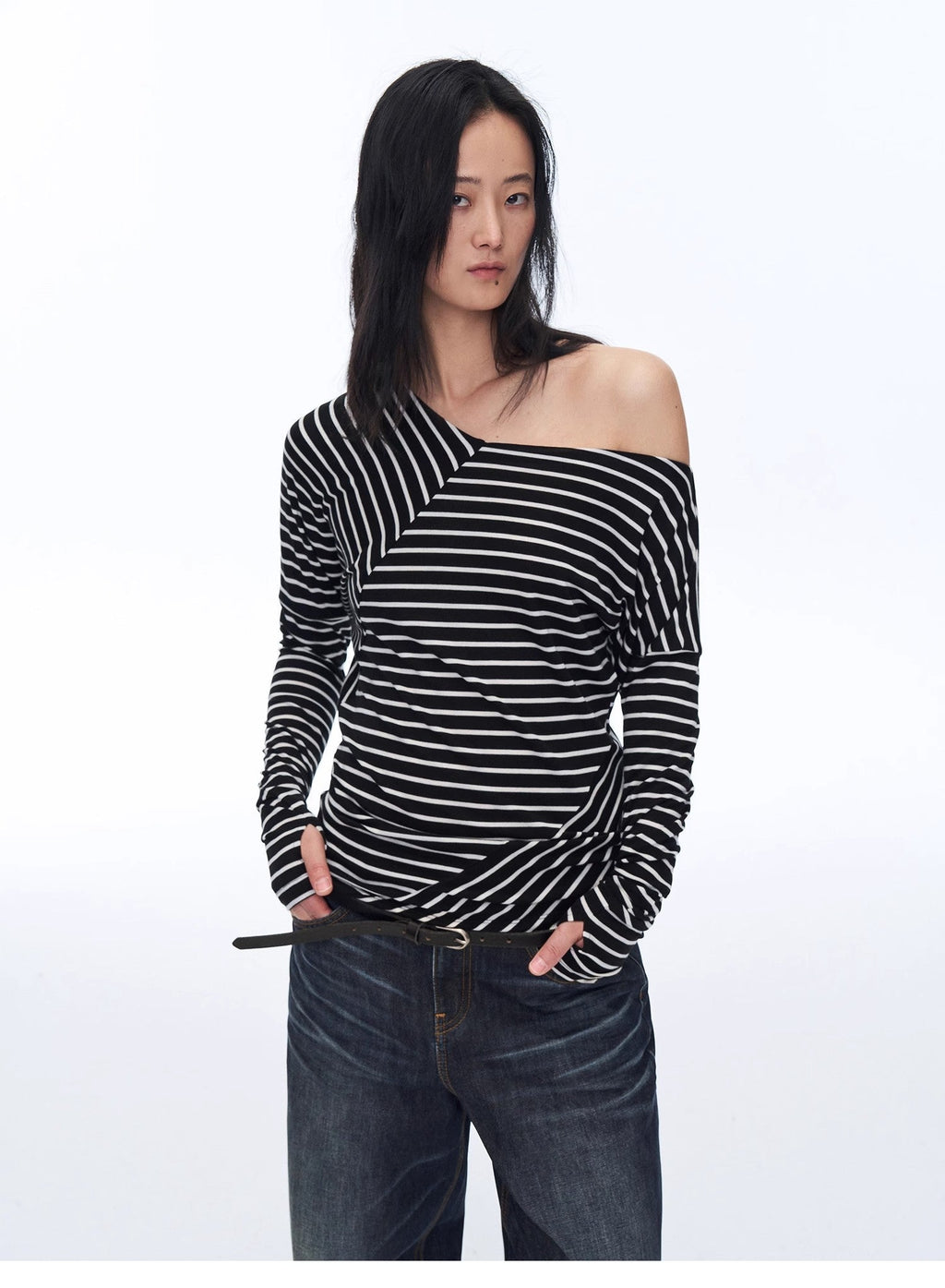 Fashionable Off-Shoulder Lyocell Tencel Wool Blended Draped Patchwork Striped T-Shirt"Picasso Lines"