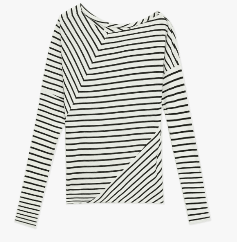 Fashionable Off-Shoulder Lyocell Tencel Wool Blended Draped Patchwork Striped T-Shirt"Picasso Lines"