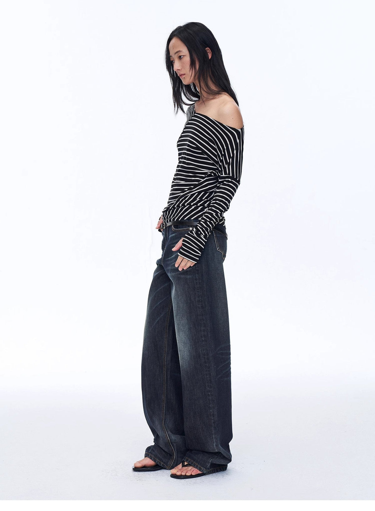 Fashionable Off-Shoulder Lyocell Tencel Wool Blended Draped Patchwork Striped T-Shirt"Picasso Lines"
