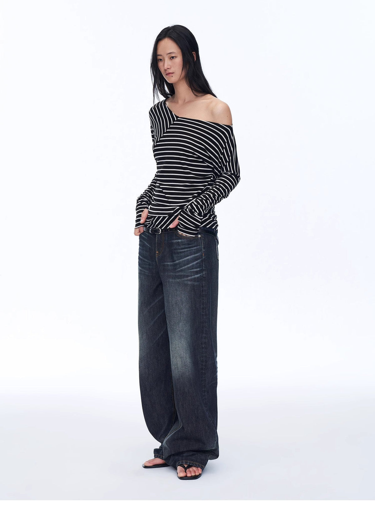 Fashionable Off-Shoulder Lyocell Tencel Wool Blended Draped Patchwork Striped T-Shirt"Picasso Lines"