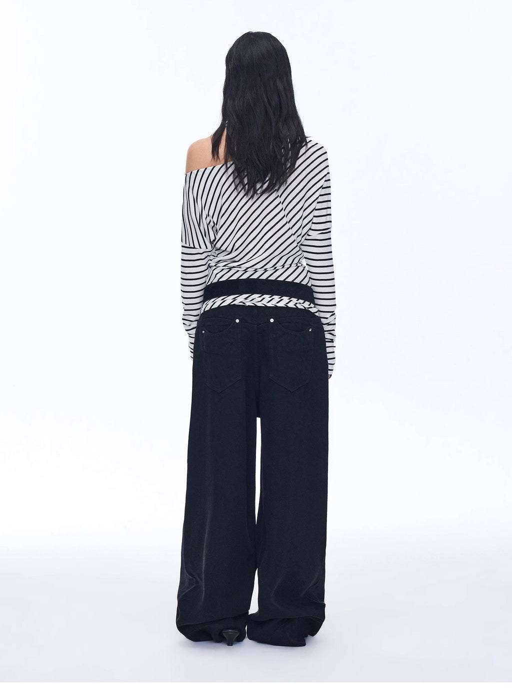 Fashionable Off-Shoulder Lyocell Tencel Wool Blended Draped Patchwork Striped T-Shirt"Picasso Lines"
