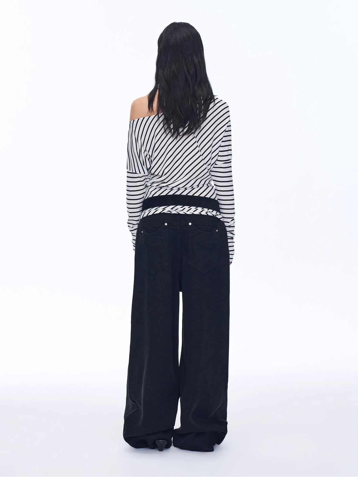 Fashionable Off-Shoulder Lyocell Tencel Wool Blended Draped Patchwork Striped T-Shirt"Picasso Lines"