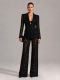 Floral Lace Single Button Blazer & High Waist Wide Leg Pants 2-Piece Suit Set