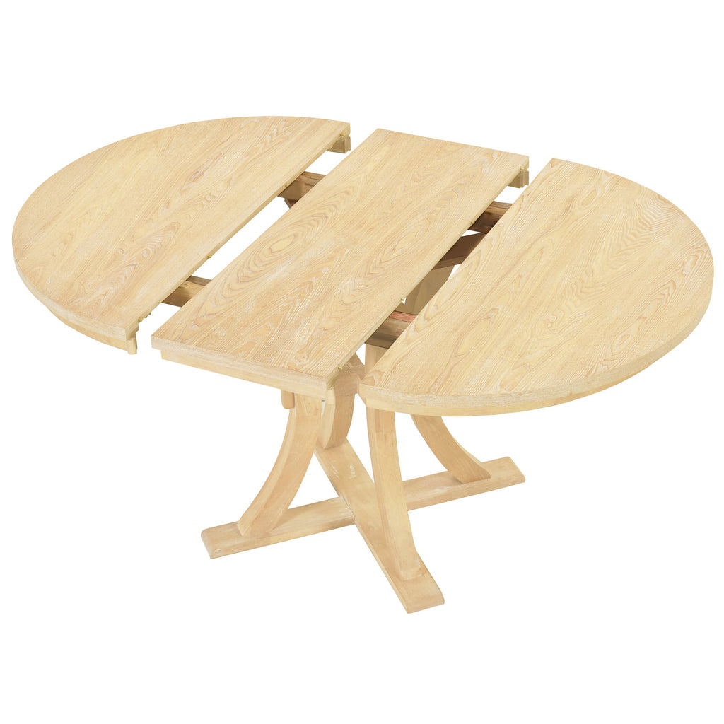 5-Piece Rustic Round Pedestal Extendable Dining Table Set With 15.7" Removable Leaf and Simple Dining Chirs for Small Pl