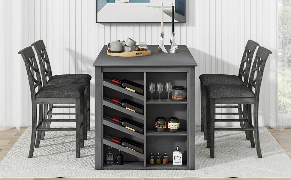 Updated Counter Height 5-Piece Solid Wood Dining Table Set, 59*35.4Inch Table With Curved Wine Rack and 4 Upholstered Ch