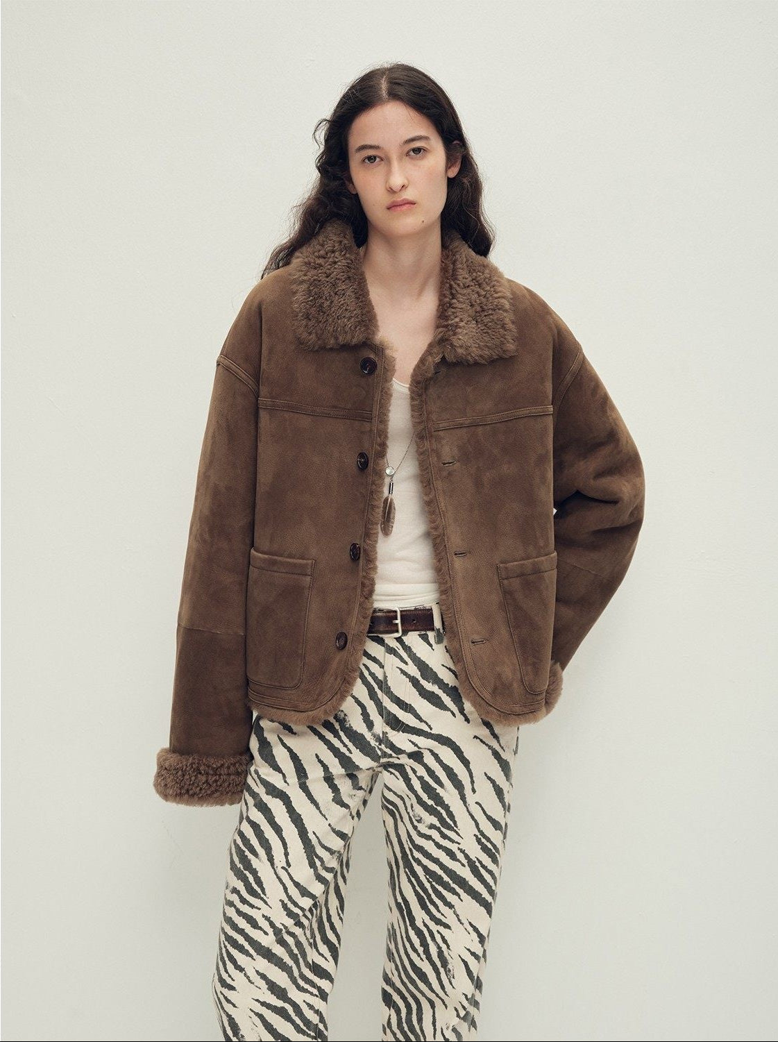 Firelady Fur Women‘s Contrast-Collar Shearling Coat With Shaved Leather Trim & Merino Shearling