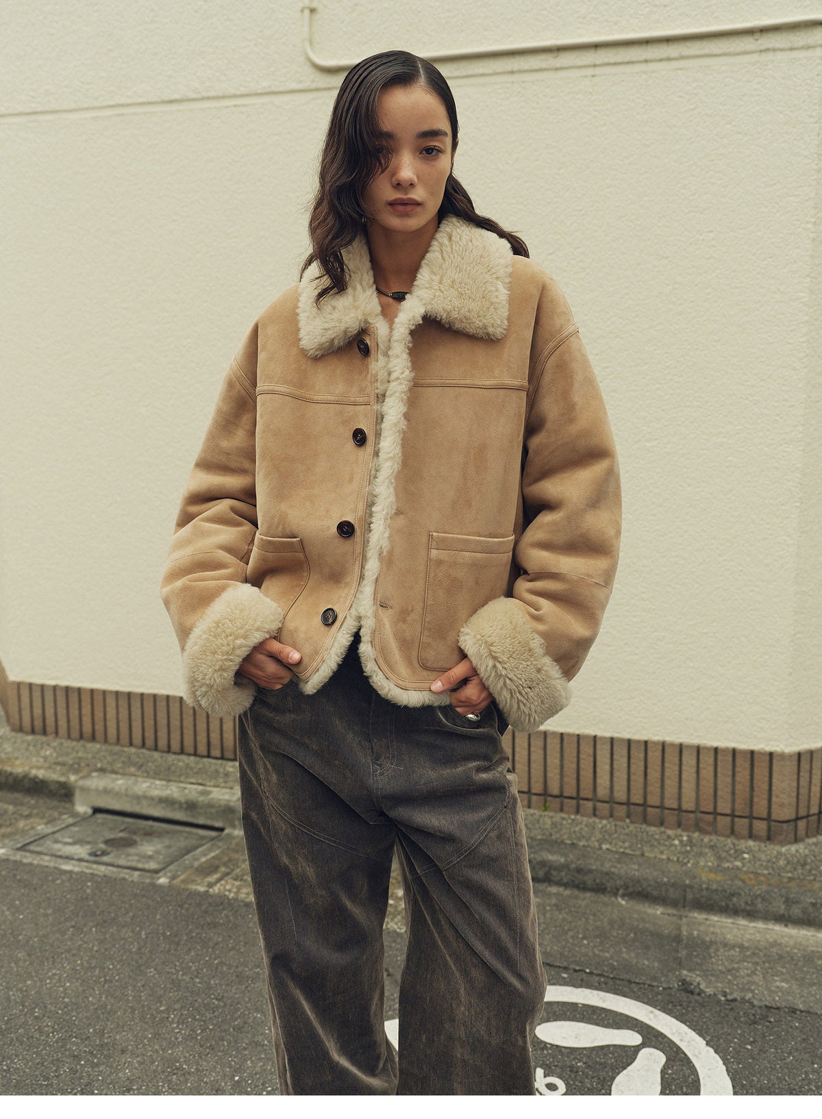 Firelady Fur Women‘s Contrast-Collar Shearling Coat With Shaved Leather Trim & Merino Shearling