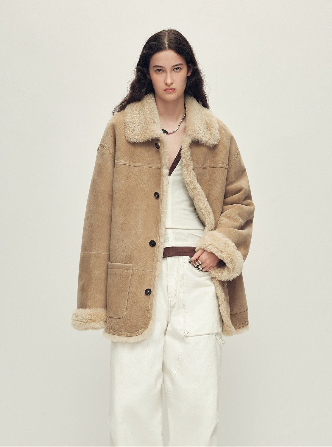 Firelady Fur Women‘s Contrast-Collar Shearling Coat With Shaved Leather Trim & Merino Shearling