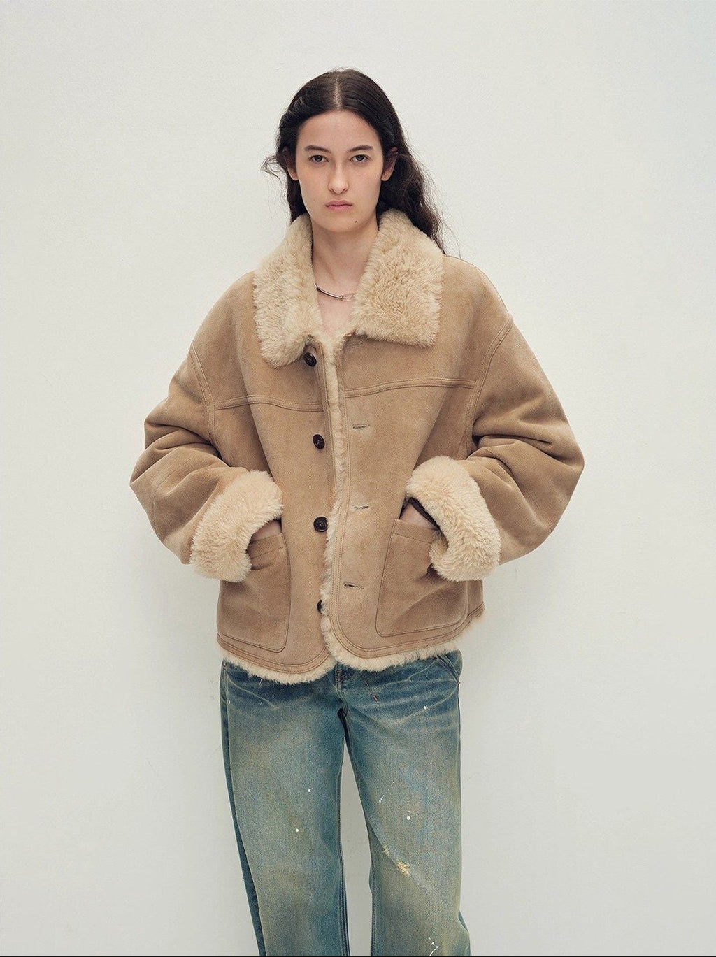 Firelady Fur Women‘s Contrast-Collar Shearling Coat With Shaved Leather Trim & Merino Shearling