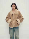 Firelady Fur Women‘s Contrast-Collar Shearling Coat With Shaved Leather Trim & Merino Shearling
