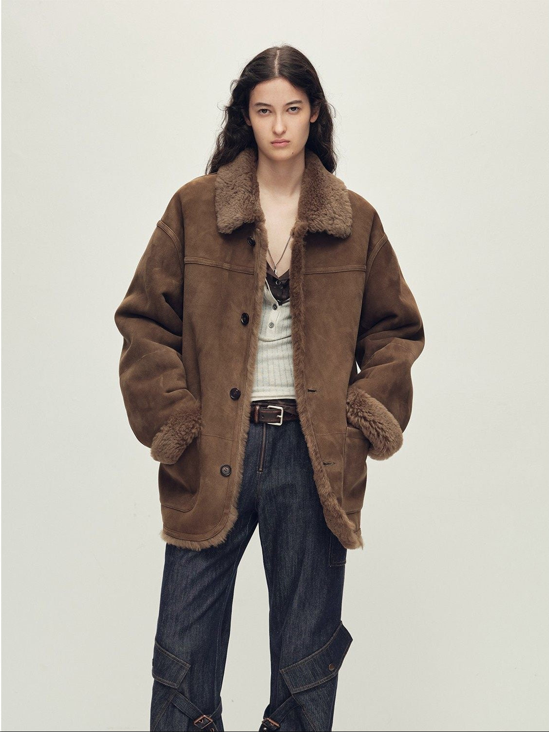 Firelady Fur Women‘s Contrast-Collar Shearling Coat With Shaved Leather Trim & Merino Shearling
