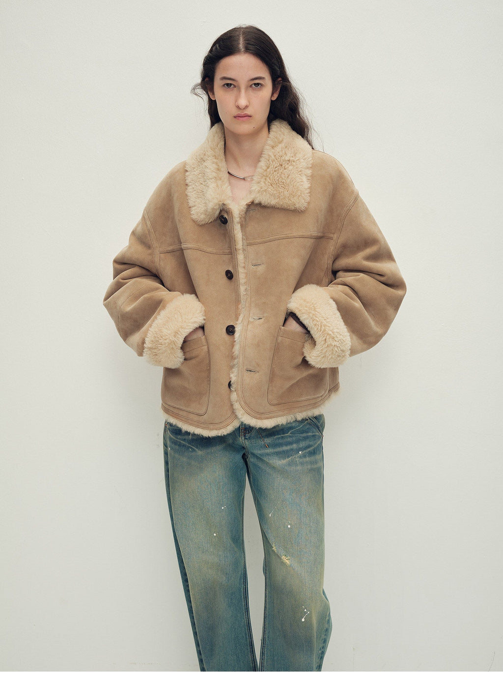 Firelady Fur Women‘s Contrast-Collar Shearling Coat With Shaved Leather Trim & Merino Shearling