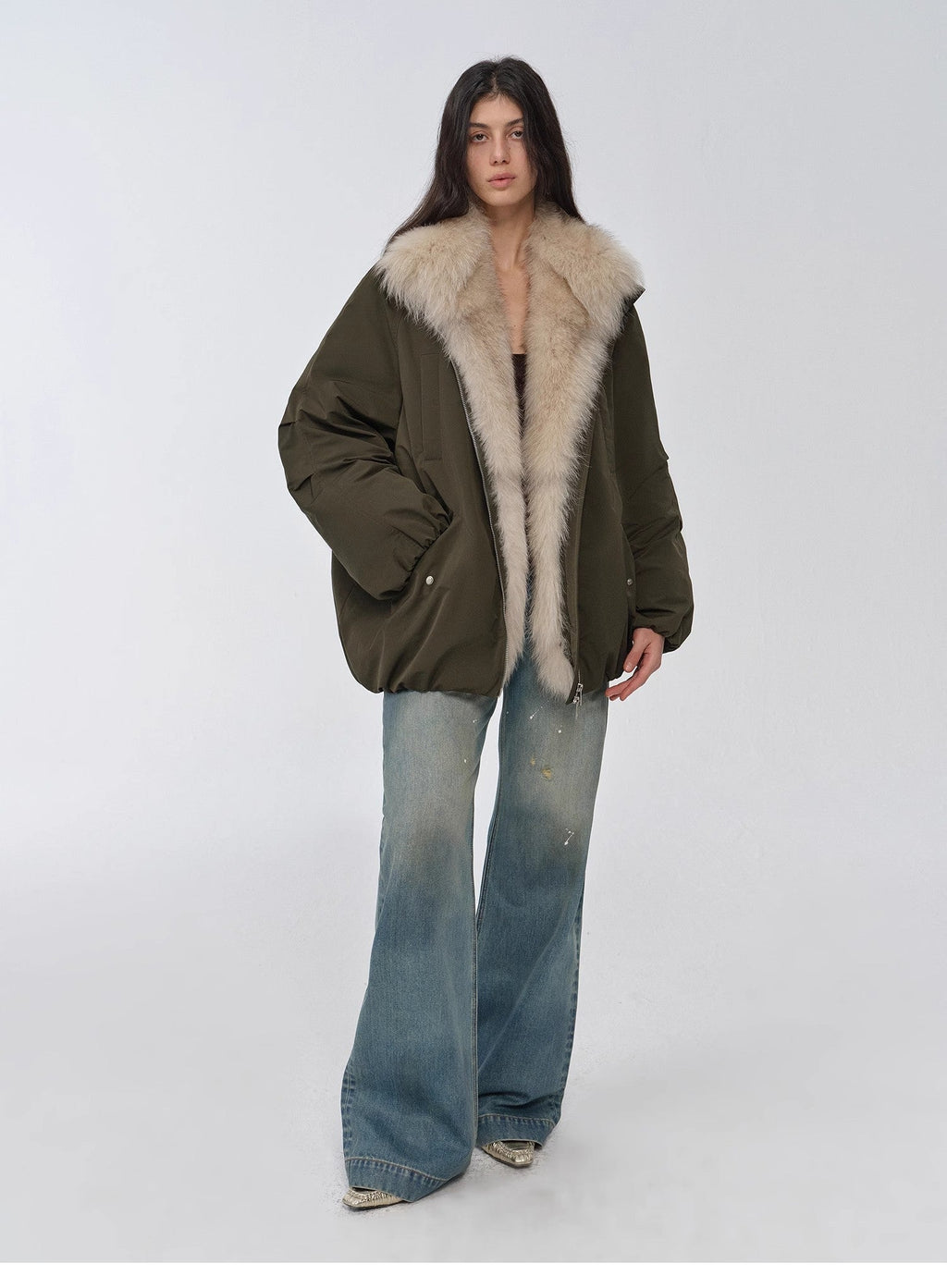 Fireladyfur Women's Mid-Length Two-Tone Fox Fur Down Jacket"Warm Dialogue"