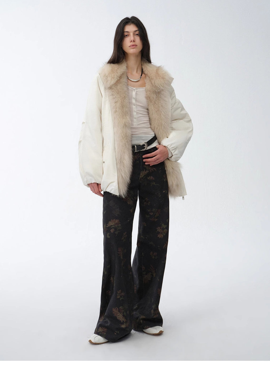 Fireladyfur Women's Mid-Length Two-Tone Fox Fur Down Jacket"Warm Dialogue"