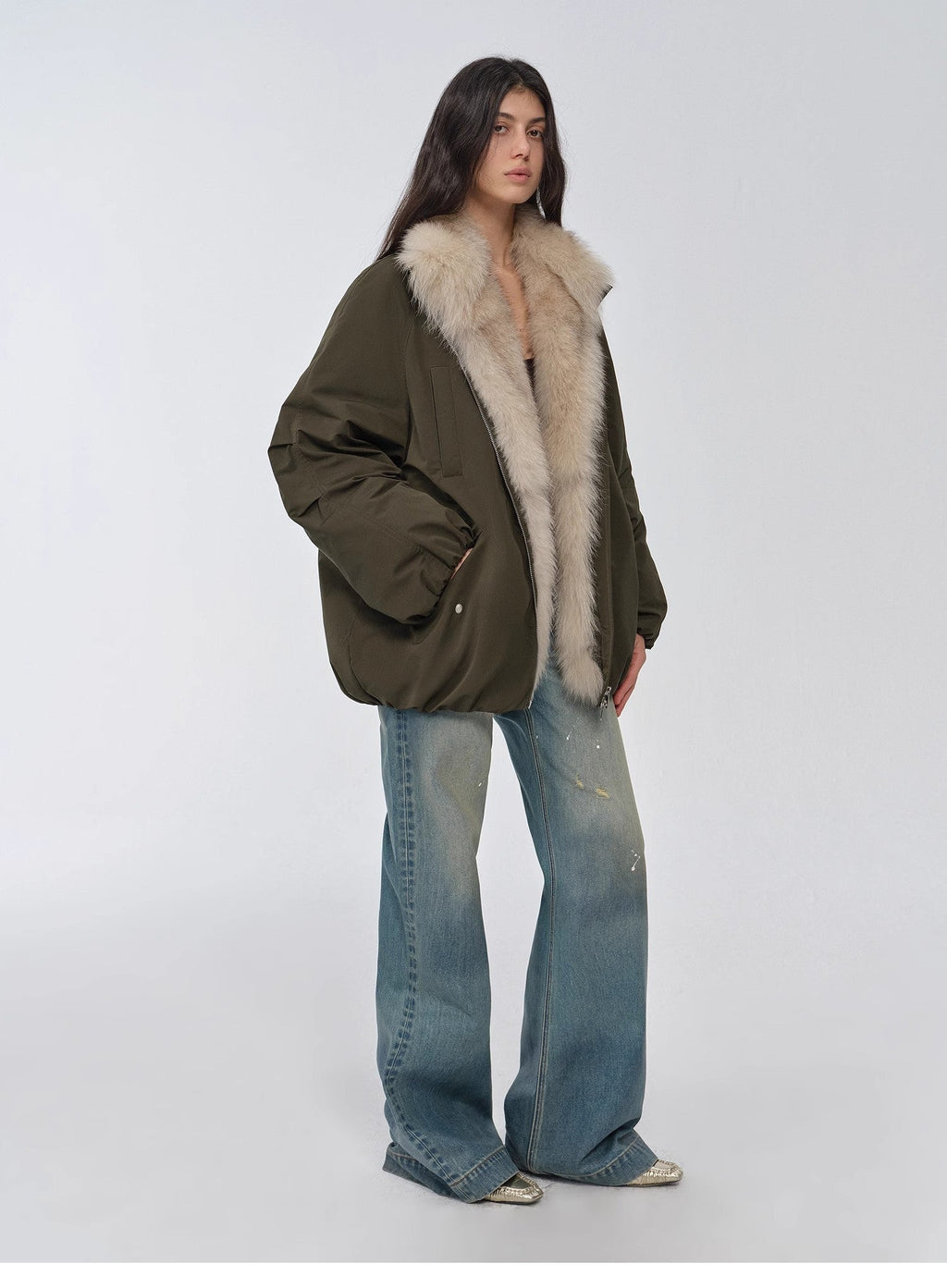 Fireladyfur Women's Mid-Length Two-Tone Fox Fur Down Jacket"Warm Dialogue"