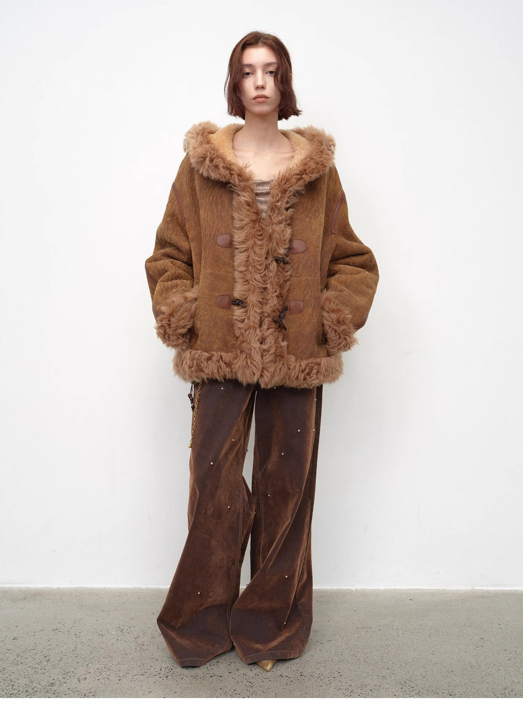 Fireladyfur Women's Shearling Coat - Drop Shoulder Hooded Merino Wool Winter Jacket
