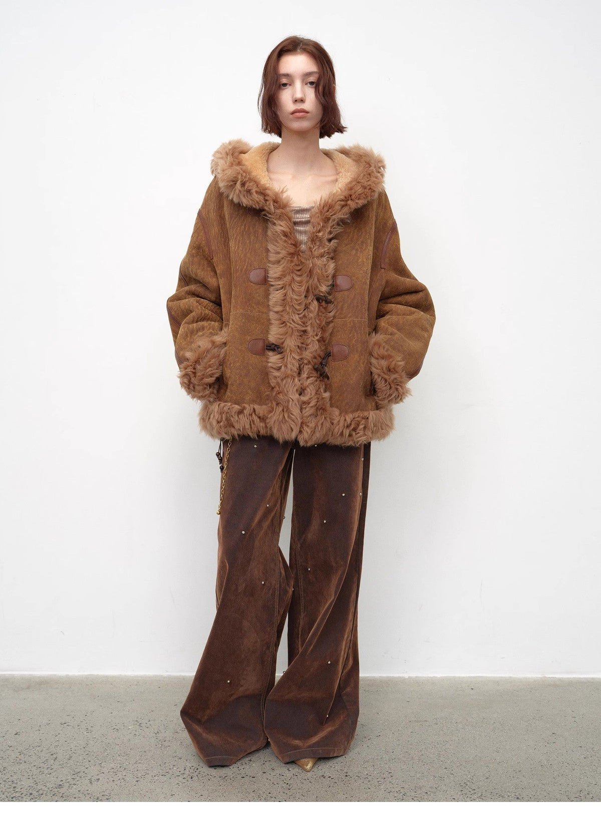 Fireladyfur Women's Shearling Coat - Drop Shoulder Hooded Merino Wool Winter Jacket