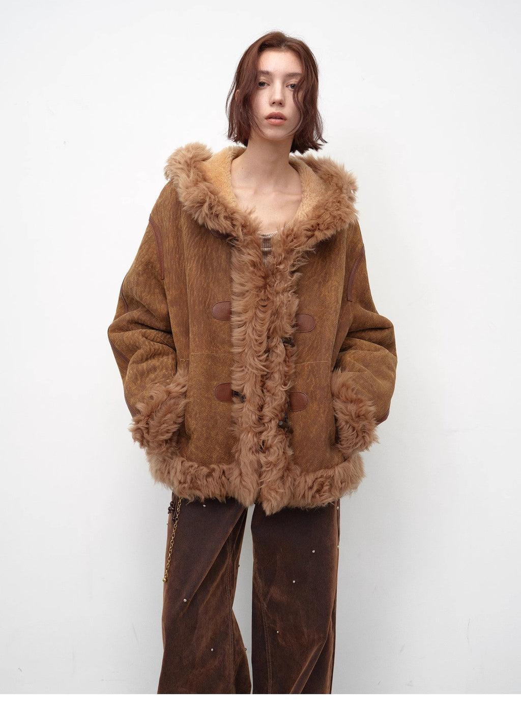 Fireladyfur Women's Shearling Coat - Drop Shoulder Hooded Merino Wool Winter Jacket