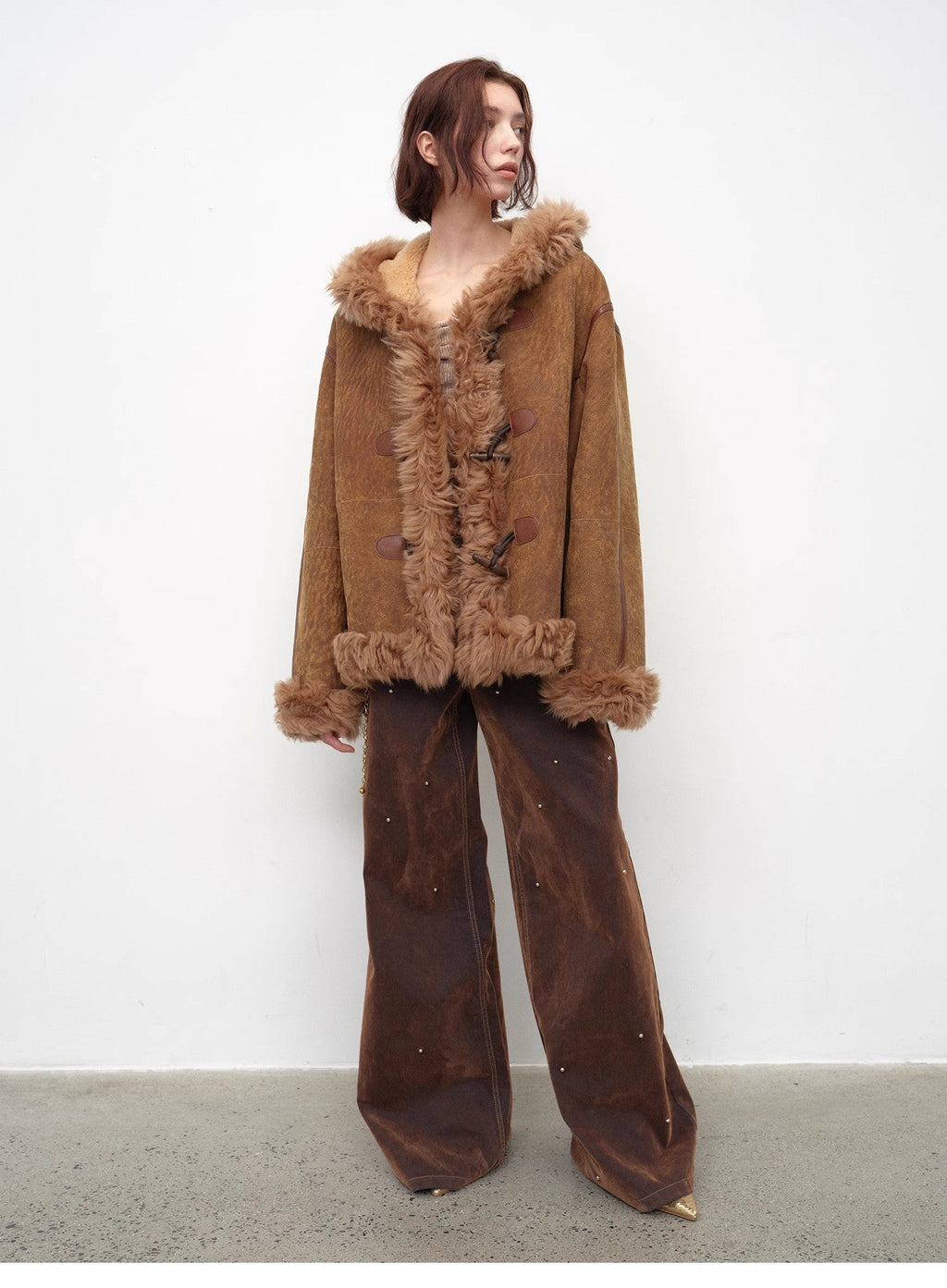 Fireladyfur Women's Shearling Coat - Drop Shoulder Hooded Merino Wool Winter Jacket