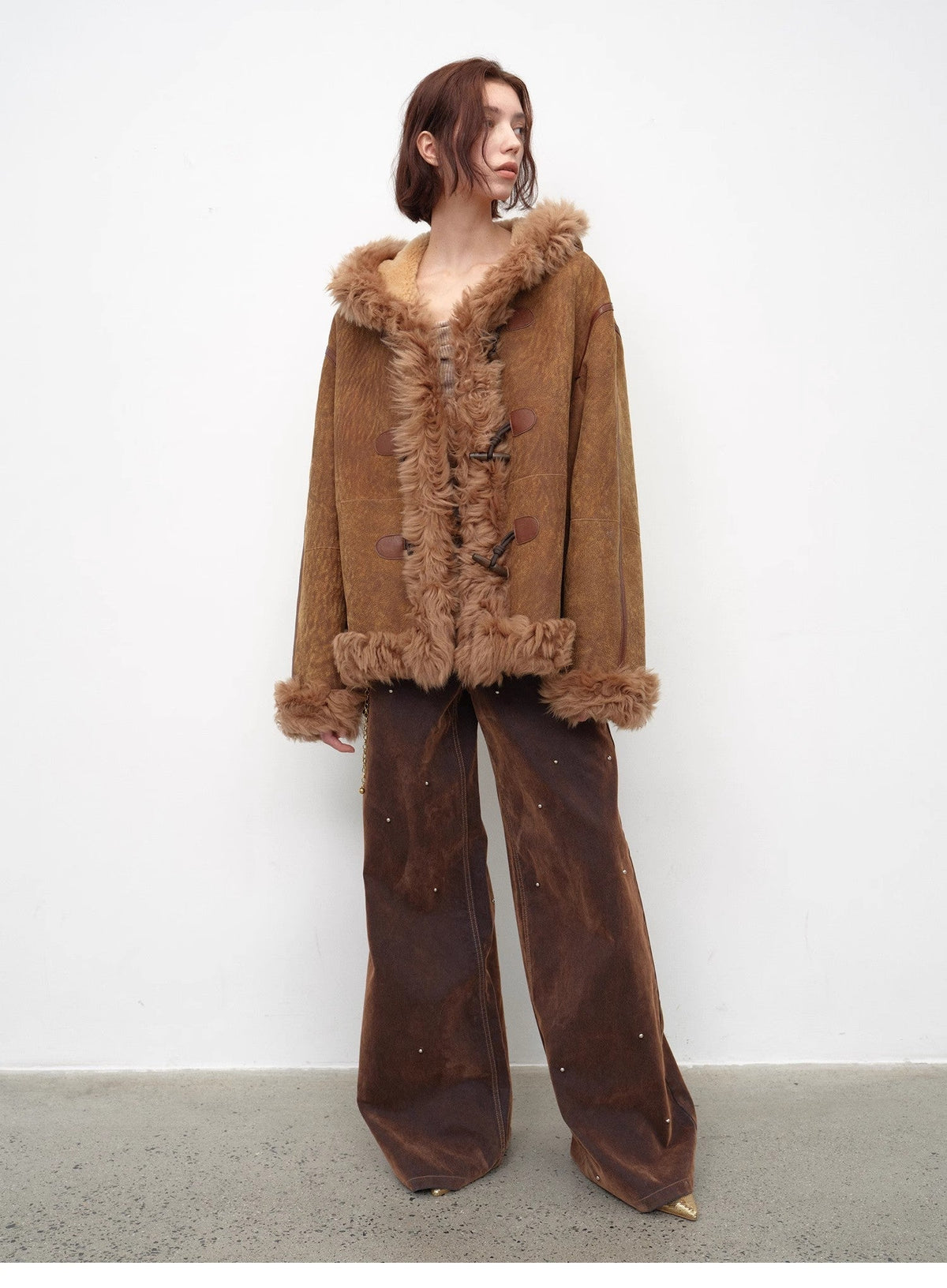 Fireladyfur Women's Shearling Coat - Drop Shoulder Hooded Merino Wool Winter Jacket