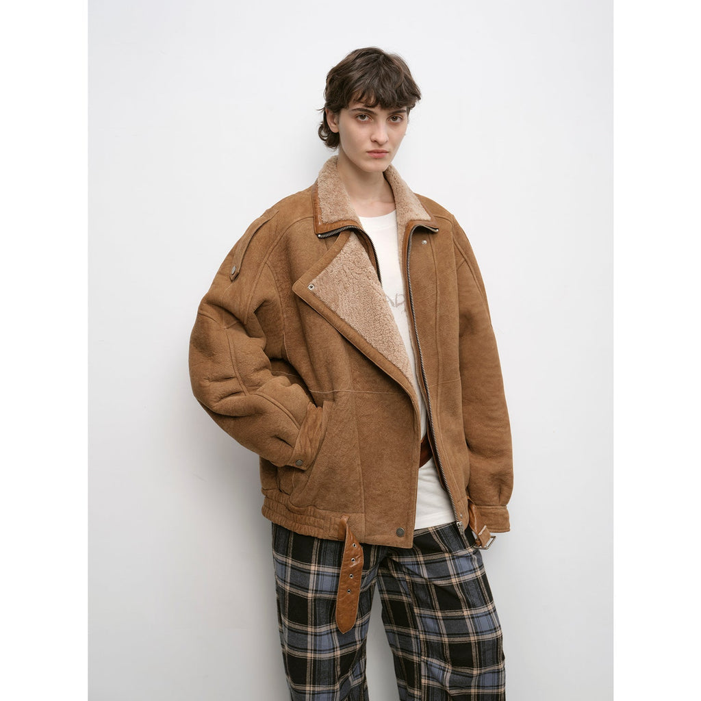 Fireladyfur Women's Shearling Coat - Motorcycle Style Merino Wool Short Jacket Jazz Party