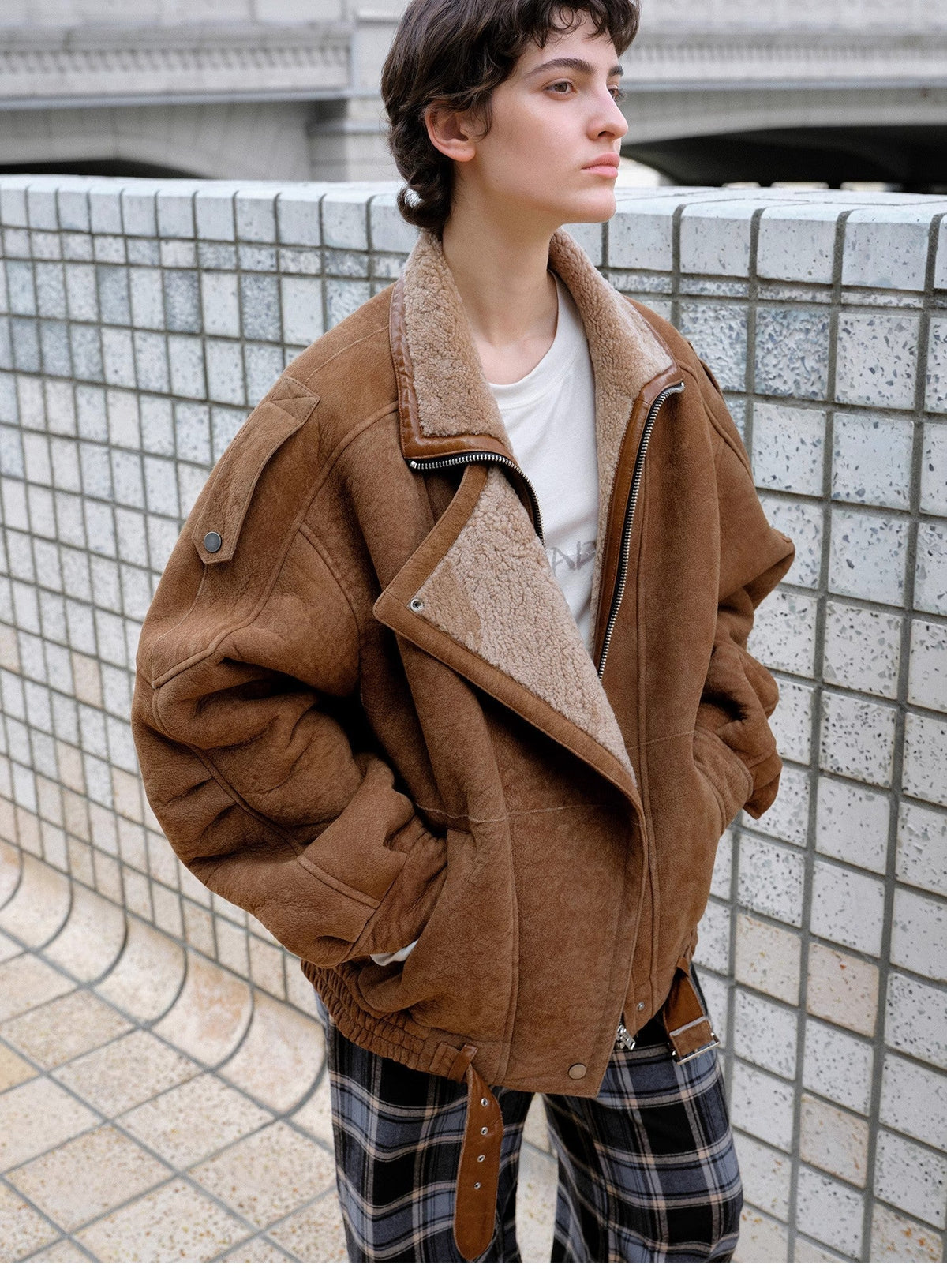 Fireladyfur Women's Shearling Coat - Motorcycle Style Merino Wool Short Jacket Jazz Party