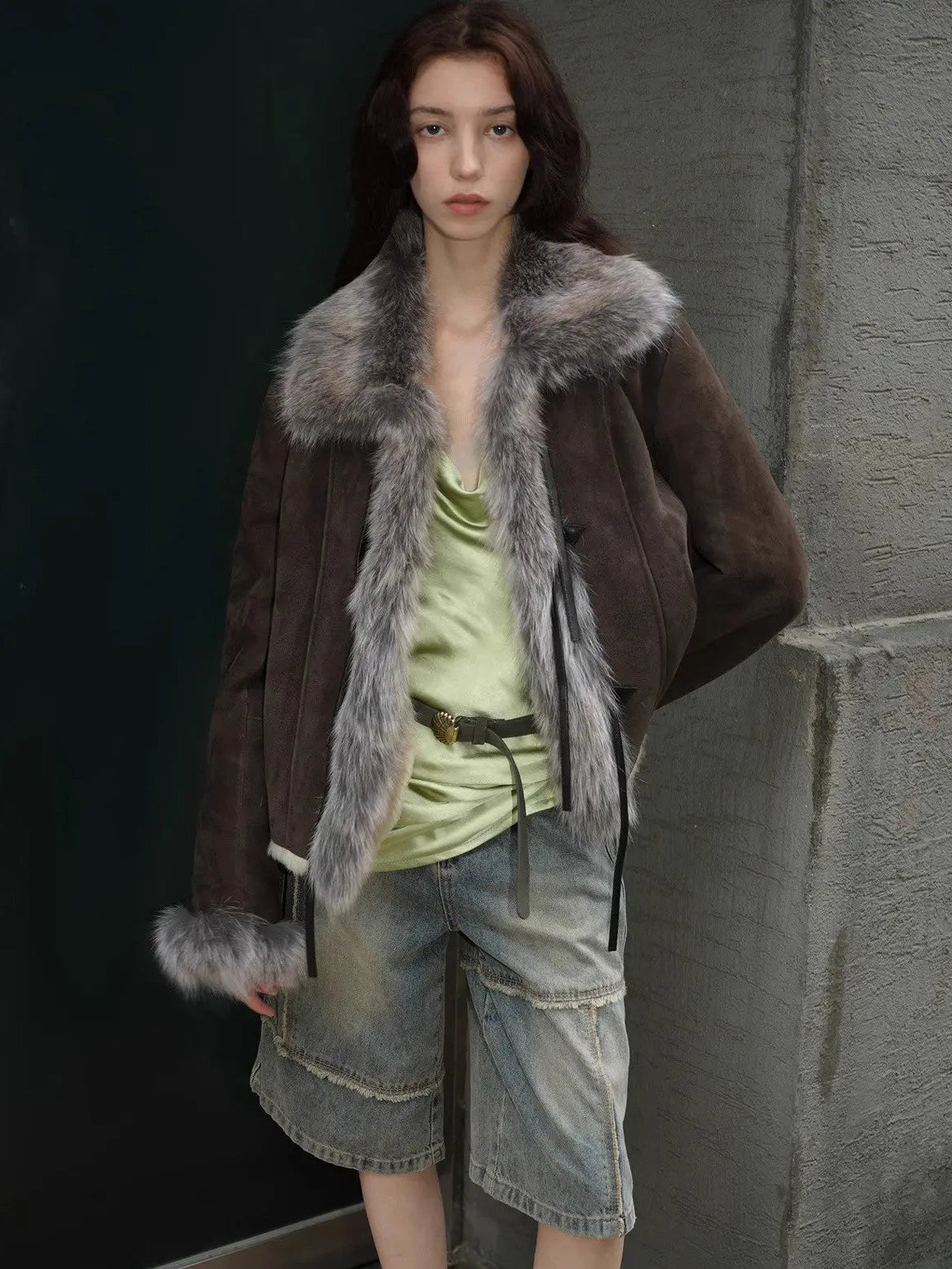 Fireladyfur Women's Shearling Coat - Imported Merino Wool Patchwork Fox Fur Collar Florence