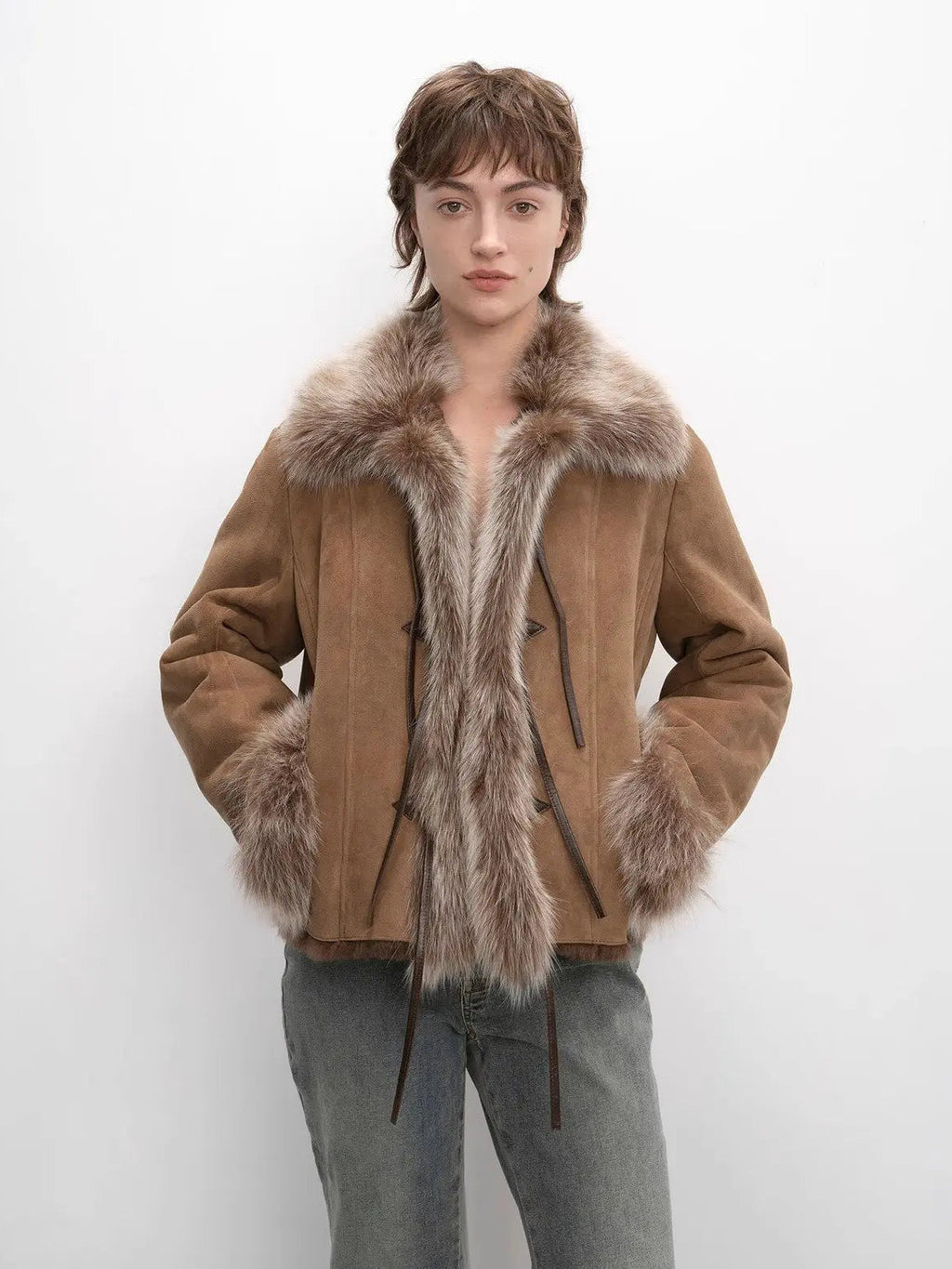 Fireladyfur Women's Shearling Coat - Imported Merino Wool Patchwork Fox Fur Collar Florence