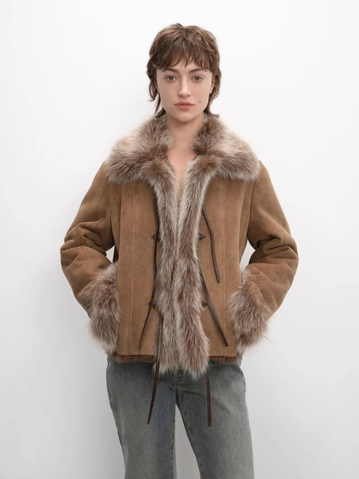 Fireladyfur Women's Shearling Coat - Imported Merino Wool Patchwork Fox Fur Collar Florence