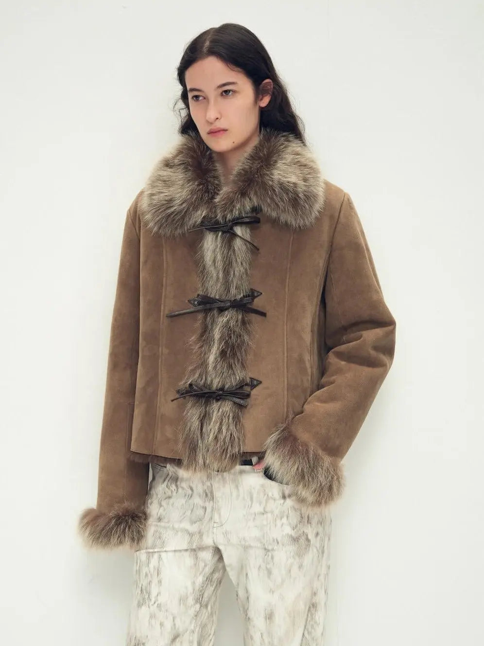 Fireladyfur Women's Shearling Coat - Imported Merino Wool Patchwork Fox Fur Collar Florence