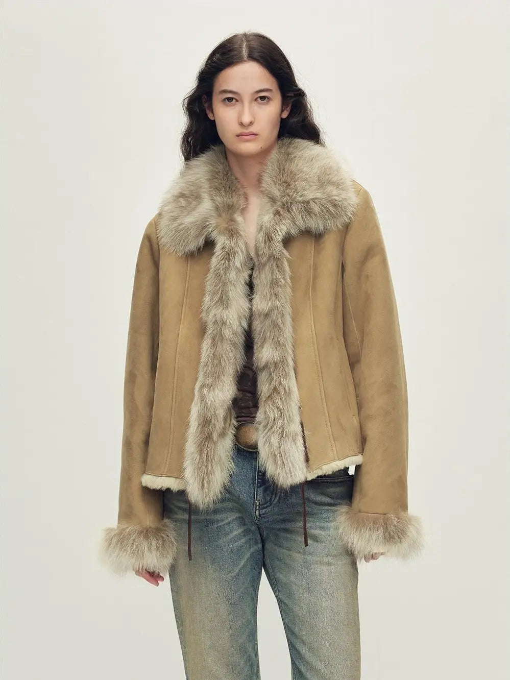 Fireladyfur Women's Shearling Coat - Imported Merino Wool Patchwork Fox Fur Collar Florence