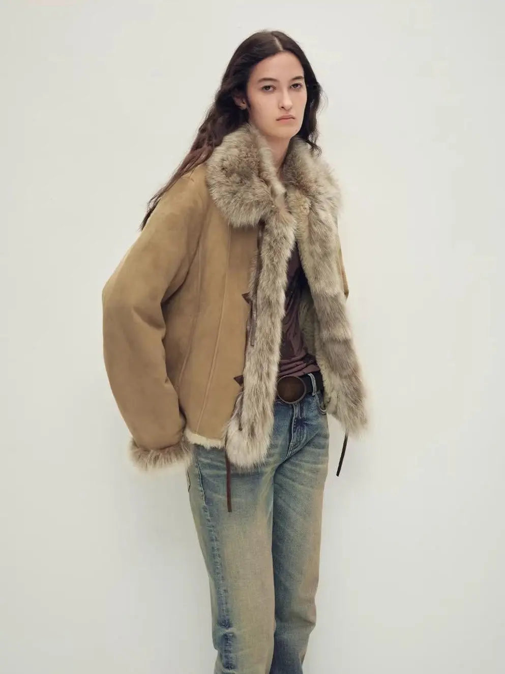 Fireladyfur Women's Shearling Coat - Imported Merino Wool Patchwork Fox Fur Collar Florence