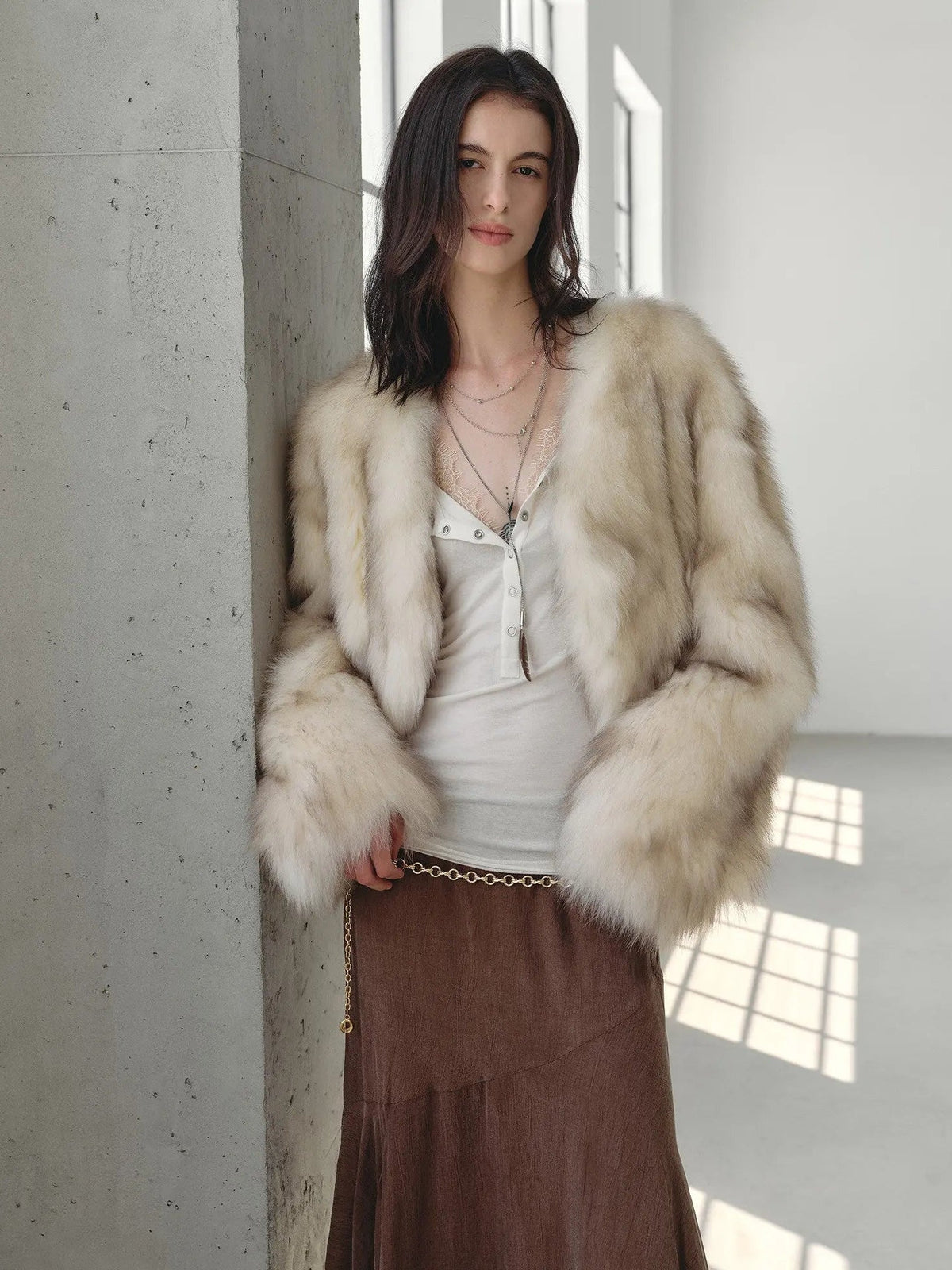 Firelady Fur Women‘s Fox Fur Coat With Hand-Sprayed Ombré Finish | Saga Furs, V-Neck Design"Gone With the Wind"