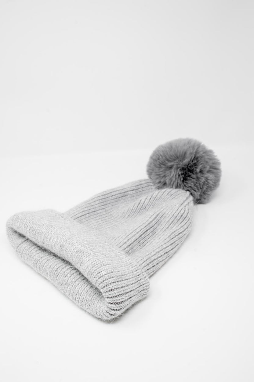 Gray Knitted Hat With Pompom